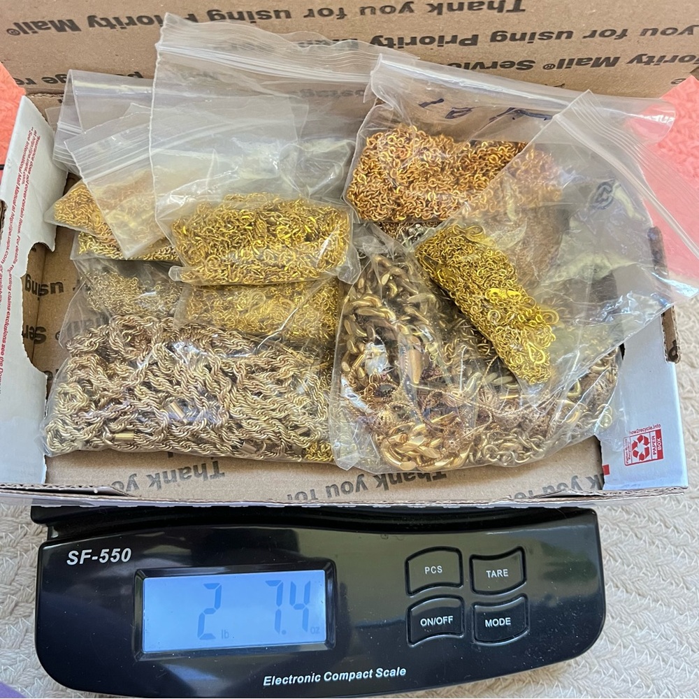 2+ pounds of gold toned chain necklaces for repurposing broken and tarnished